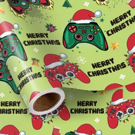 LeZakaa Gamer Christmas Wrapping Paper for Kid Boy Men, Video Game Controller Santa Hat, Novelty Green Design, Christmas Gifts for Winter Holiday Party Favors DIY Craft, Mini Roll 17 in x 16.4 Ft