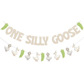 One Silly Goose Banner - Our Little Goose is Turning One Banner, Goose Theme 1st Birthday Baby Shower Party Decoration Champagne Gold