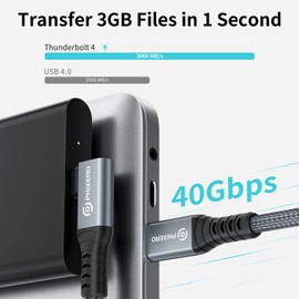 Cable for Thunderbolt 4 Cable 6.6ft, PHIXERO Right Angle Thunderbolt Cable, with 40Gbps Data Transfer, PD100W Charging, Single 8K or Dual 4K Display, Compatible with Type-C, MacBook, Docking Station