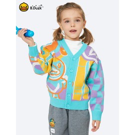 B.Duck Girls Boys Knit Cardigan Sweaters Cute Cartoon Yellow Duck Graphic Printed Long Sleeve V Neck Button Down Clothes for Toddler Unisex Kids Blue Size 7-8 Years
