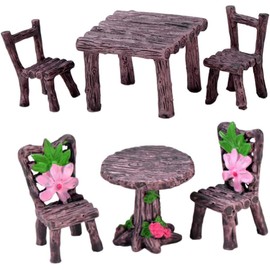Miniature Furniture Set, Mini Table and Chairs, Wooden Garden Decor for Tiny Houses, Micro Landscape Accessories (C-1)