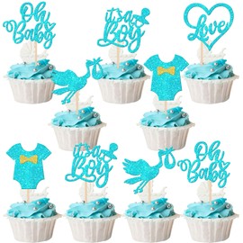 30 piezas de adornos para cupcakes de baby shower, con purpurina, para decoración de pasteles de bebé, diseño de corazón de amor, para baby shower, para niños, cumpleaños, fiestas, color azul