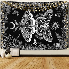 Alishomtll Butterfly Sun and Moon Black and White Tapestry, Botanical Flower Black Wall Towel, Bedroom Dorm Aesthetic Decorative Wall Hanging, Black, 150 x 130 cm