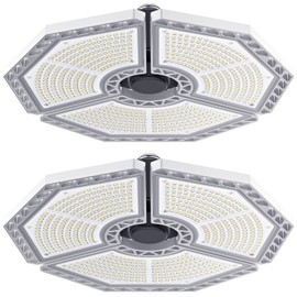 KERNOWO 2 Pack LED Garage Light, 140W 18500 Lumens Garage Lighting, 6000K Daylight with Deformable Three Panels Ceiling Light Fixture E26/E27 Triple Glow LED Shop Light for Basement Workshop