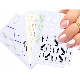 Vnicesli Line Nail Art Stickers Decals, 6 Sheets 3D Metal Black White Silver Green Blue Line Nail Decals Self-Adhesive Curve Stripe Lines Design Nail Sticker Foil Nail Art Accessories French Nail Art