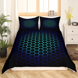 Hexagonal Bedding Set 3D Geometric Honeycomb Duvet Cover for Kids Boys Girls Luxury Beehive Hexagon Comforter Cover Neon Blue Teal Black Decor Bedspread Cover 3Pcs Double
