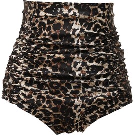 COCOPEAR Women's Ruched High Waisted Bikini Bottom Retro Vintage Swim Short Tankinis, Leopard, Large