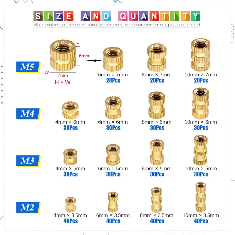 Glarks 460Pcs M2 M3 M4 M5 Female Thread Knurled Brass