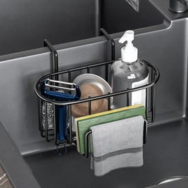 Volminex 2 in 1 Schwammhalter Küche Edelstahl, Spülbecken Organizer mit Haken, Metalle Spülschwammhalter Ohne Bohren, Küchen Spüle Organizer für Schwamm, Bürste, Spültuch, Spülenstopfen (Schwarz)