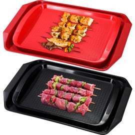 DoubleFill Set of 4 Grilling Prep and Serve Trays 17x12 Inch 14x10 Inch BBQ Serving Platter for Raw and Cooked Food, Black Red Stackable Defrosting Marinating Plastic Trays Grill Accessories