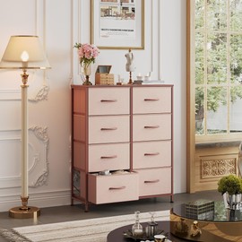 WLIVE Fabric Dresser for Bedroom, Tall Dresser with 8 Drawers, Storage Tower with Fabric Bins, Double Dresser, Chest of Drawers for Closet, Playroom, Dormitory, Pink and Rose Gold