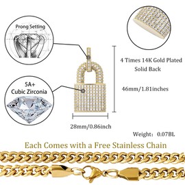 TOPGRILLZ 14K Gold Plated Iced out Lock Pendant Necklace for Women and Women Punk Rock Egirl Eboy Aesthetic Chains Collection Gifts (Gold)