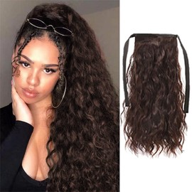 PARAHAIR 16Inch 100g Medium Brown Clip in Wavy Curly Ponytail Hair Extensions for Girls Women, Clip on Natural Hairpiece Curly Wavy Ponytail (Medium Brown #4)