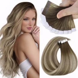 Sunny Hair Tape in Hair Extensions Human Hair Invisible Tape in Hair Extensions 10Pcs Tape in Extensions Real Human Hair Straight Hair Extensions for Women 20 inch Cool Brown Balayage Brown to Blonde
