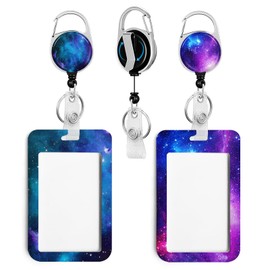 2 Pack Purple Starry Sky ID Badge Holder with Clip Badge Reels Retractable Heavy Duty,Keychain，ID Holder for School Nurse Office