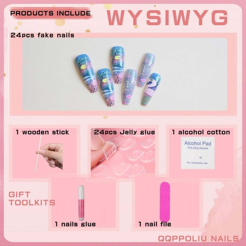 QQPPOLIU Square Long Press on Nails,Fake Nails with Designs,Full Cover
