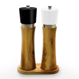 The Pretty Turtle Wooden Salt and Pepper Grinder Set With Holder Made of Premium Acacia Wood Refillable Enviro Friendly (Black and White Top, 6")