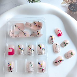 24Pcs Christmas Nails Glitter Silver French Tip Press on Nails Short Square False Nails Christmas Press ons Coloured Light Xmas Hat Full Cover Fake Nails Snowman Glue on Nails for Winter Acrylic Nails