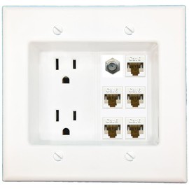 RiteAV Recessed Duplex Receptacle Outlet 5 CAT6 Coax Wall Plate White