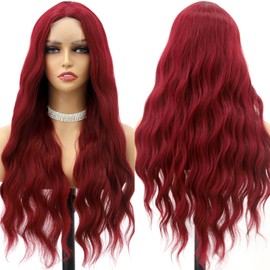 KINCYDU Long Wavy Red Wig Natural Burgundy Red Loose Wave Curly Wigs Deep Red Synthetic Heat Resistant Fiber Hair For Women Daily Party Cosplay Use 24 Inch