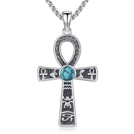 Ankh Necklace 925 Sterling Silver Turquoise Ankh Cross Pendant Necklace Egyptian Jewelry Gifts for Men Women