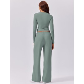 PINSPARK Womens Lounge Sets 2 Piece Outfits Cropped Top Wide Leg Pants Workout Track Suits Airport Outfit with Pockets 2024, Grey Sage Medium