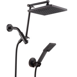 BRIGHT SHOWERS High Pressure Rain Shower Head Combo with Double Extension Arm, 8 Inch Rainfall Shower Head with Handheld Spray, Height Adjustable Dual Square Showerhead Set, Oil-Rubbed Bronze