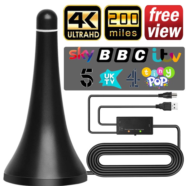 TV Aerial, Boyoye 2023 Newest Indoor TV Aerial Long 250+ Miles Range - Support 4K 1080p HD VHF UHF All TV's - Indoor Smart Amplifier Signal Booster - 17ft Coax HDTV Cable (Black8018)