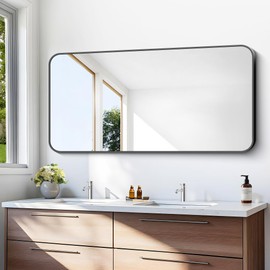 BONEWEI 24x48 inch Bathroom Mirror,Black Rectangle Mirror,Wall Mounted Bathroom Frame Vanity Mirror with Round Corner for Bedroom Living Room, Entryway Hangs Horizontal or Vertical