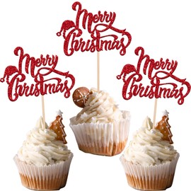 36 piezas de adornos para magdalenas de Feliz Navidad con purpurina para Navidad, sombrero de Papá Noel, para celebrar feliz Navidad, Año Nuevo, día festivo, decoración de pasteles, suministros rojo