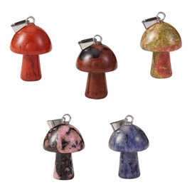 COGCHARGER 5 Pieces Mushroom Gemstone Charm Natural Gemstone Pendants with Stainless Steel Snap On Bails for Jewelry Necklace Bracelet Earring Making