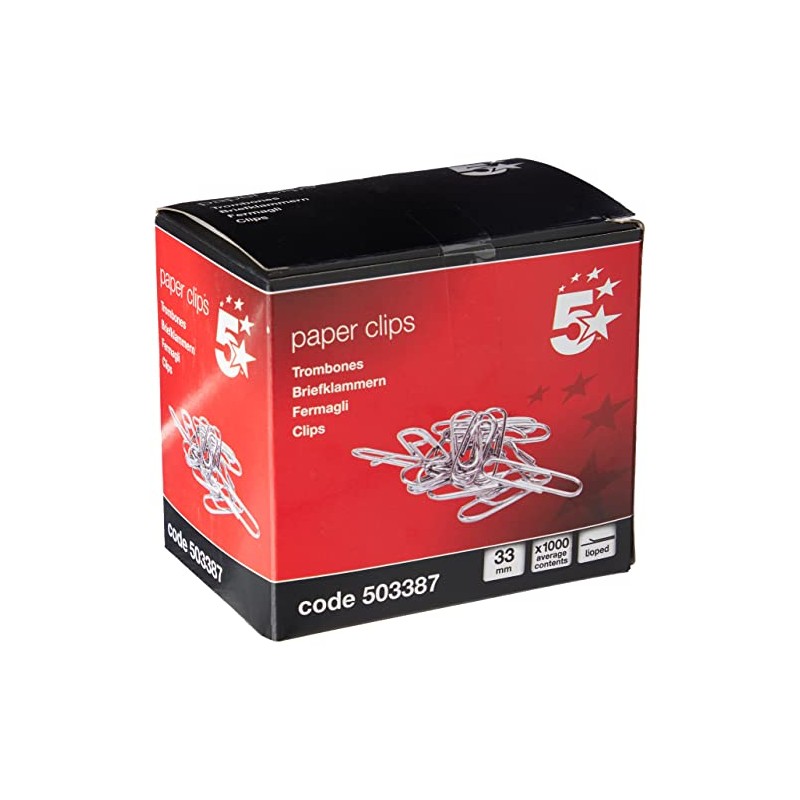 5 Star Paperclips Metal Large 33mm Lipped [Pack of 1000],