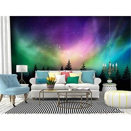 Self Adhesive Wallpaper Roll Paper multicolored northern lights aurora borealis on canadian forest Removable Peel and Stick Wallpaper Decorative Wall Mural Posters Home Covering Interior Film