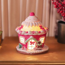 Fonzci LED Christmas Candy House,Lighted Christmas Gingerbread House,Christmas Candy Gingerbread House,Christmas Village Candy House,Gingerbread Lighted House,Light Up Candy House for Xmas(Pinks)