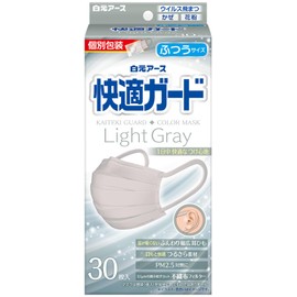 Comfort Guard White Earth Mask, Regular Size, Light Gray, 30 Pieces, Individually Packaged, JIS Standard, Pleated Type, Wide Ear Cord for Ear Pain, Lint Free, Non-Woven Fabric, Pollen