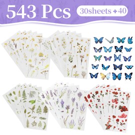 543PCS，70 Sheets Natural Flower Stickers for Scrapbooking，Self-Adhesive Transparent Flower Sticker ，Botanical Journaling Stickers for Letter Writing, DIY Journaling, and Laptop Personalization