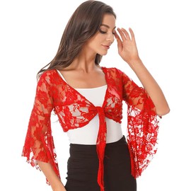 Lady's Tribal Belly Dance Costume Lace Floral Long Sleeve Wrap Top (Red)