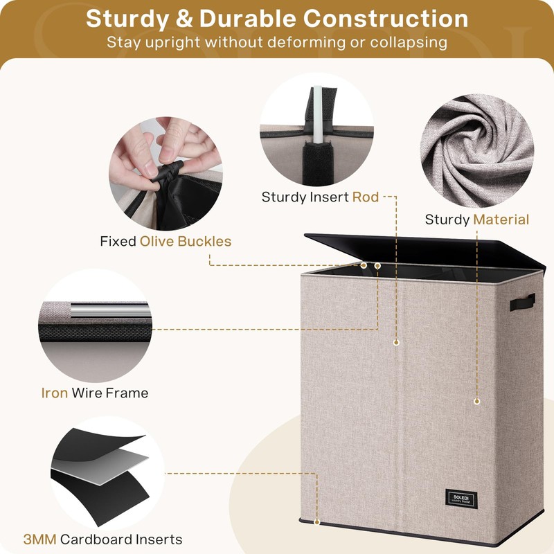 SOLEDI Large Double Laundry Hamper with Lid, Collapsible Clothes Hamper