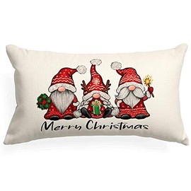 XUWELL Merry Christmas Gnomes Cotton Linen Throw Pillow Cover, for Family and Friends, Xmas Cushion Case for Home Sofa Couch Decor 12 x 20 Inch