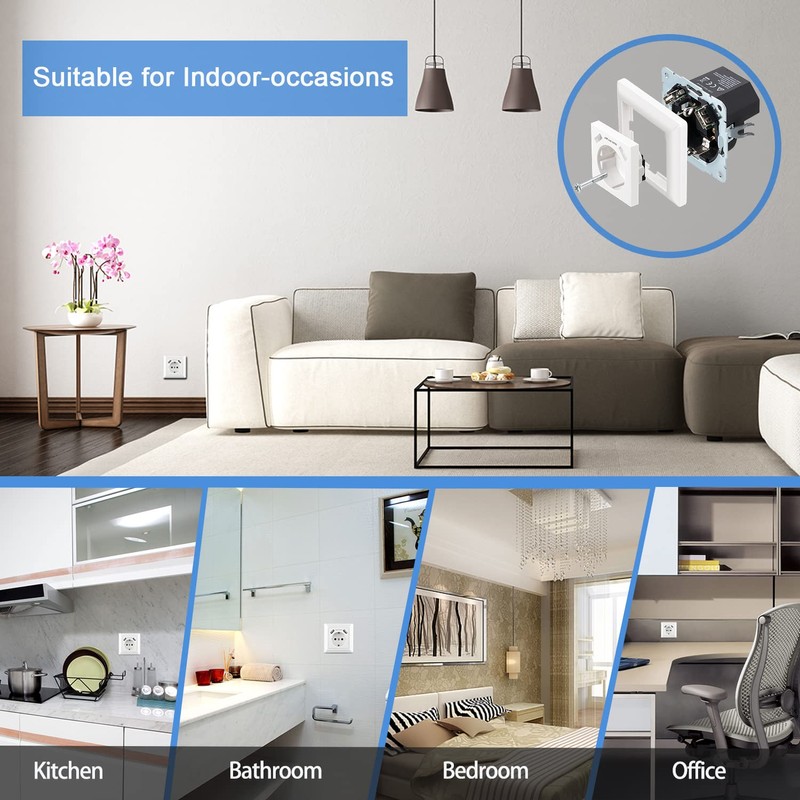Kaifire USB Socket, Flush-Mounted Socket with USB Charger Connection (Max.