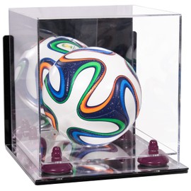 Better Display Cases Acrylic Mini - Miniature (not Full Size) Soccer Ball Display Case with Clear & Mirror Case, Purple Risers , Wall Mount and Mirror Base (B03/A015)