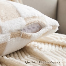 Ohocut Checkered Jacquard Shag Throw Pillow Covers, Pack of 2 Fluffy Beige Sand Cute Decorative Boho Aesthetic Soft Checkered Throw Pillow Cases for Couch Sofa Bedroom,20x20 Inch