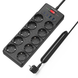 IECOPOWER 10-Fach Mehrfachsteckdose,Steckdosenleiste mit USB(PD 20W 2 USB-C Ports und 2 USB-A Ports), Steckdosenleiste überspannungsschutz,4000W/16A,1050 J, mehrfachsteckdose 2m mit Schalter,Schwarz