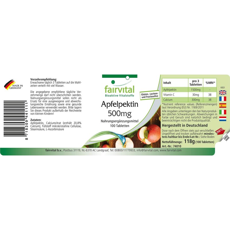 Fairvital | Apfelpektin Tabletten - mit löslichen Ballaststoffen, Calcium und