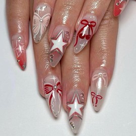 4th of July Press on Nails Medium Almond Nails Press ons Pearl Fake Nails with Bow Stars Designs Ombre Red Acrylic Nails Independence Day Glue on Nails Spring Summer Stick on Nails for Women 24Pcs