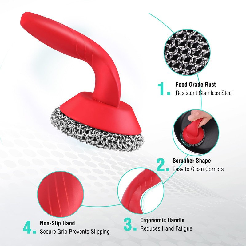 HAUSHOF Cast Iron Scrubber with Long Handle, Chainmail Scrubber Cast