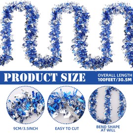 Sosation 100 ft Hanukkah Tinsel Garland Blue and Silver Metallic Tinsel Twist Garland Chanukah Hanukkah Decorations for Home Indoor Outdoor Holiday Christmas Party Supplies