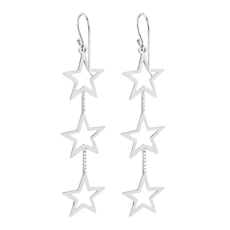 Triple Retro Open Star Link .925 Sterling Silver Dangle Earrings