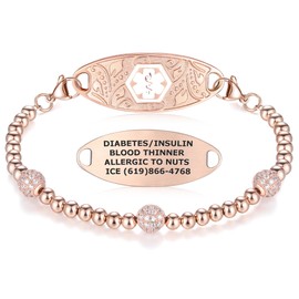 Divoti Pave Crystal Bead Medical Alert ID Bracelet with Filigree Tag and Free Engraving-White-8.0"