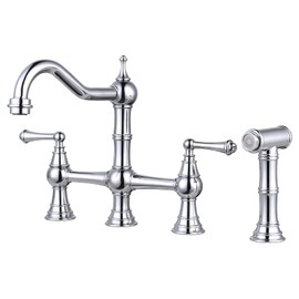 WOWOW 4 Hole Kitchen Faucet with Sprayer, 8 Inch Centerset Brass Bridge Kitchen Faucet 2 Handle with Side Sprayer, Vintage Farmhouse Kitchen Sink Faucet Chrome